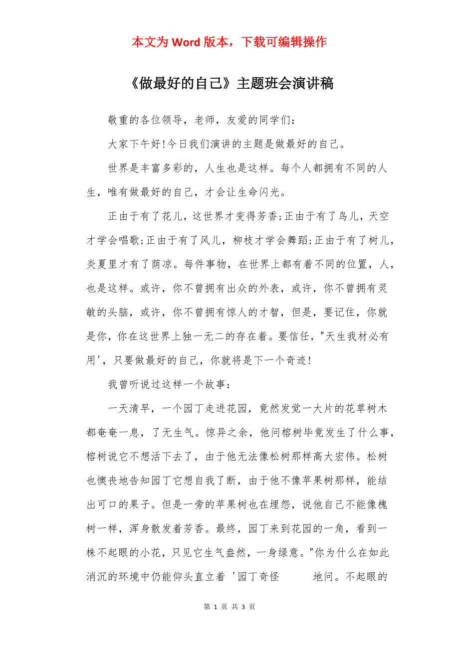 《做最好的自己》主题班会演讲稿_1.docx_第1页