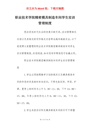 职业技术学院精密模具制造车间学生实训管理制度.docx