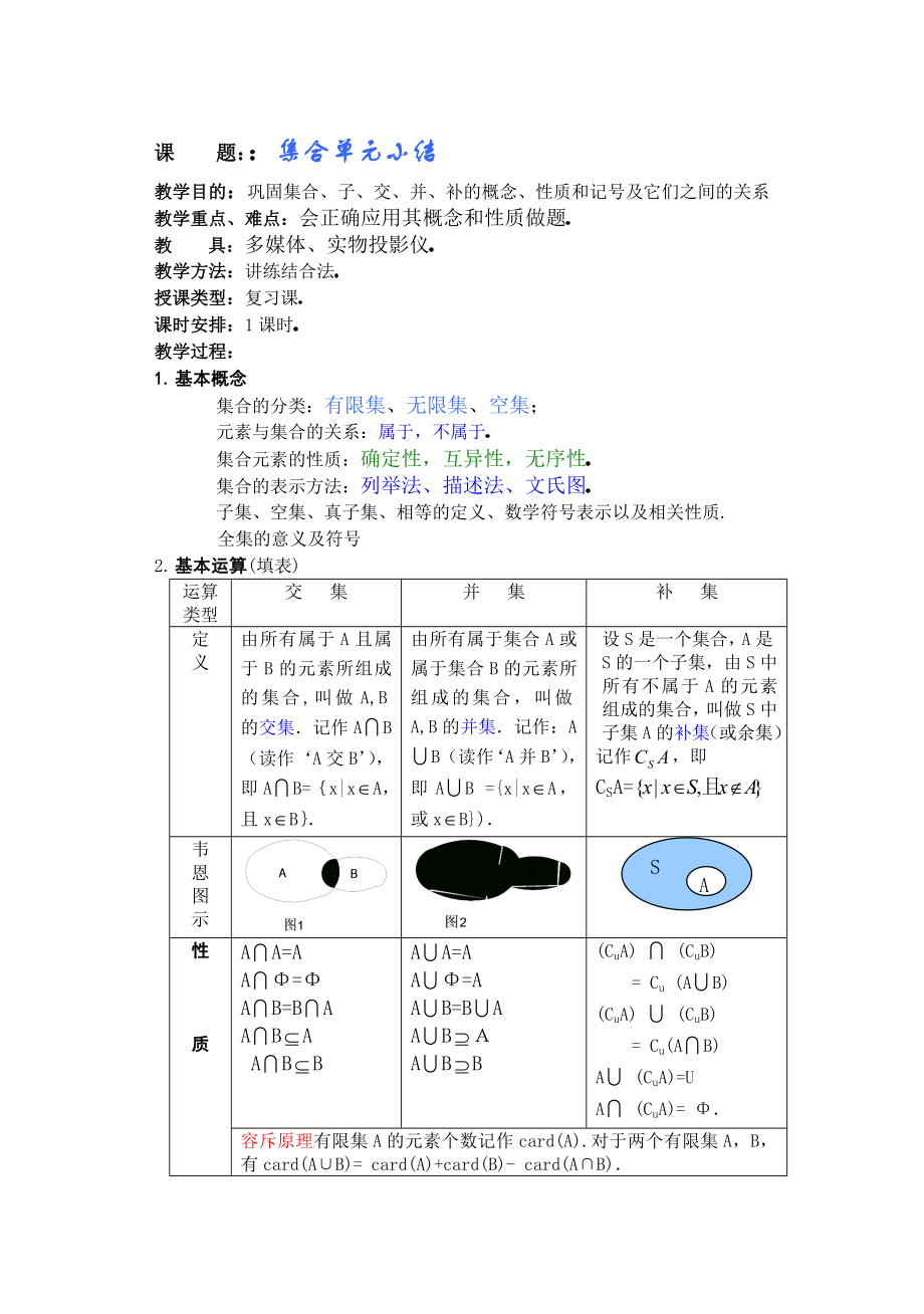 高中数学必修一高一数学第一章(第课时)集合单元小结公开课教案课件课时训练练习教案课件.doc_第1页