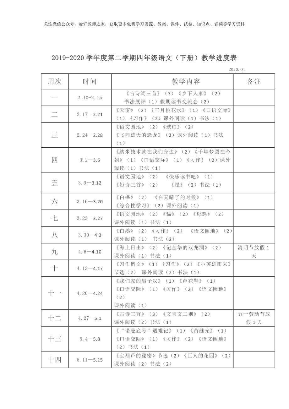 部编四年级语文(下册)教材分析和教学进度表.docx_第1页