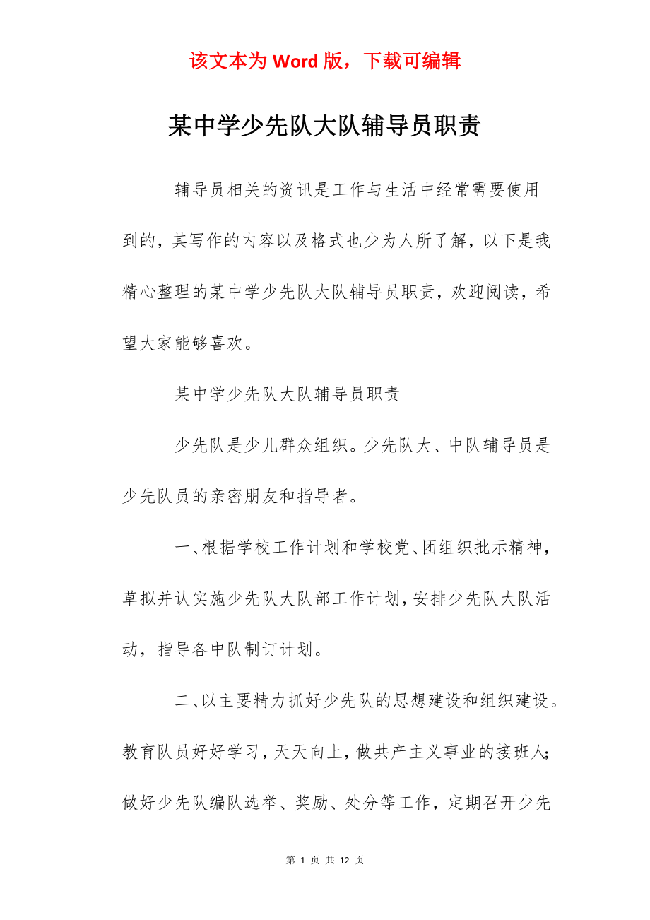 某中学少先队大队辅导员职责.docx_第1页