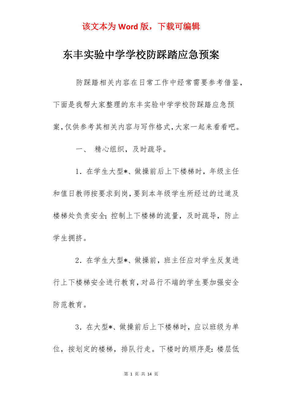 东丰实验中学学校防踩踏应急预案.docx_第1页