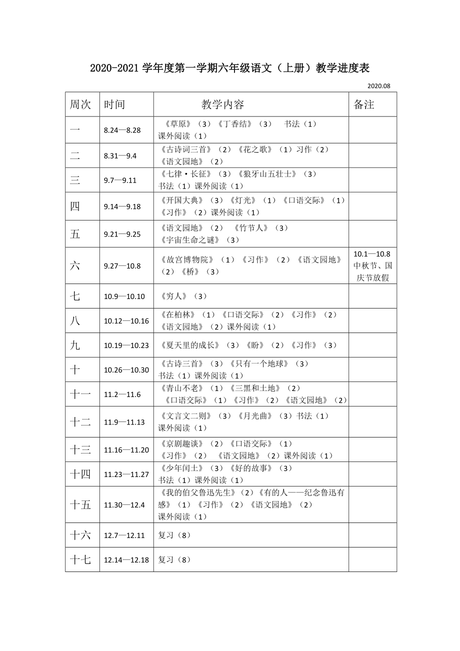 部编统编六上语文六年级上册语文教学进度表公开课教案课件课时作业课时训练.doc_第1页