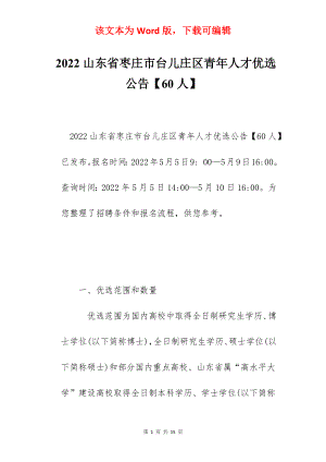 2022山东省枣庄市台儿庄区青年人才优选公告【60人】.docx