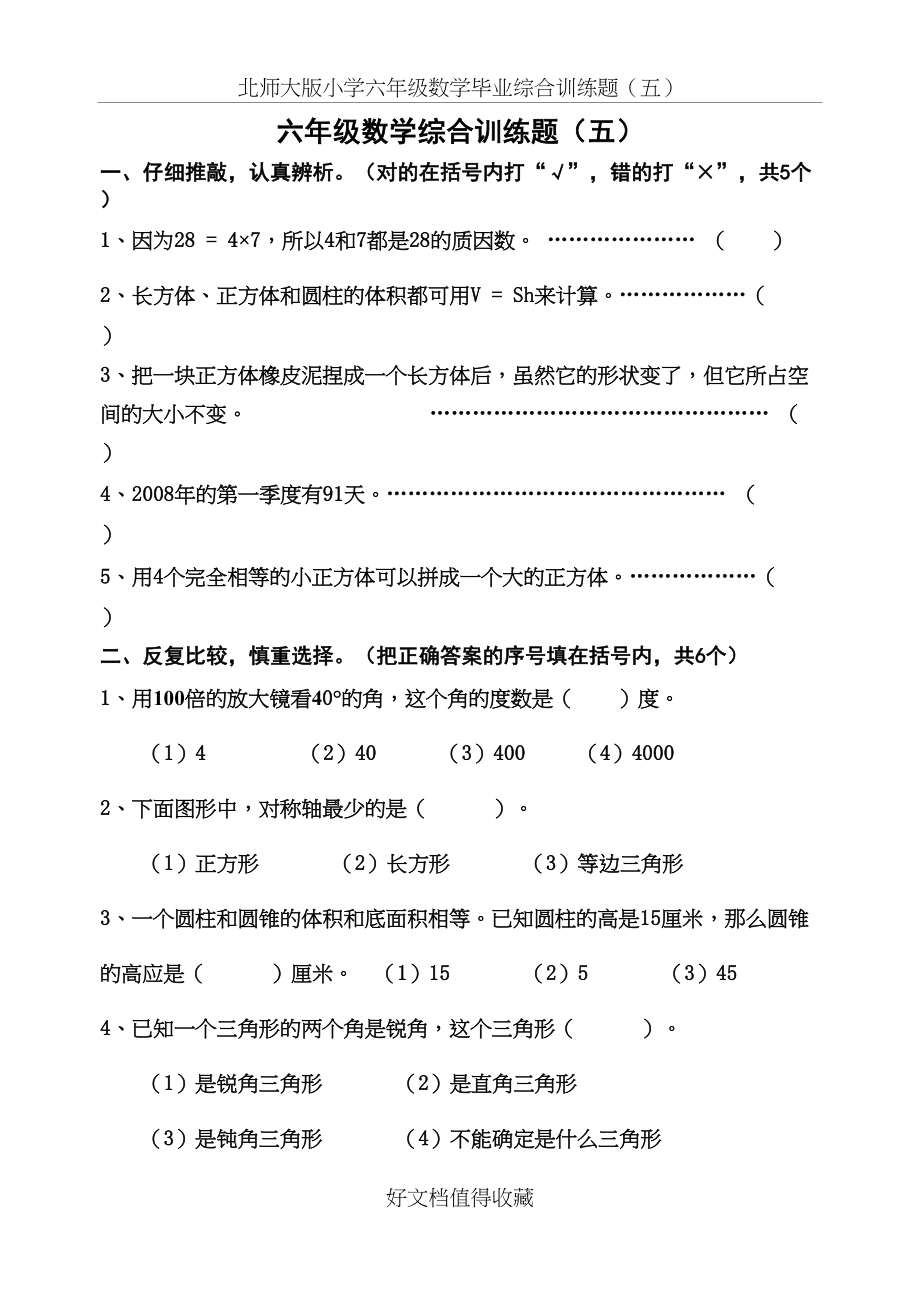 北师大版小学六年级数学毕业综合训练题（五）.doc_第2页