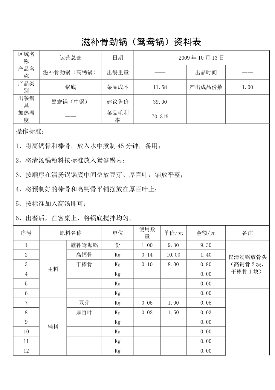 联盟特许餐厅单店菜品配方技术 火锅运营资料 小肥羊 滋补骨劲锅（中鸳鸯锅）.doc_第1页