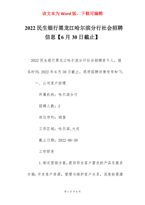 2022民生银行黑龙江哈尔滨分行社会招聘信息【6月30日截止】.docx