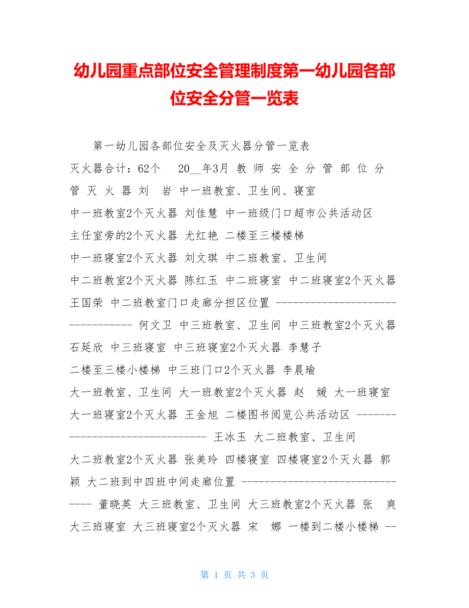 幼儿园重点部位安全管理制度第一幼儿园各部位安全分管一览表.doc_第1页