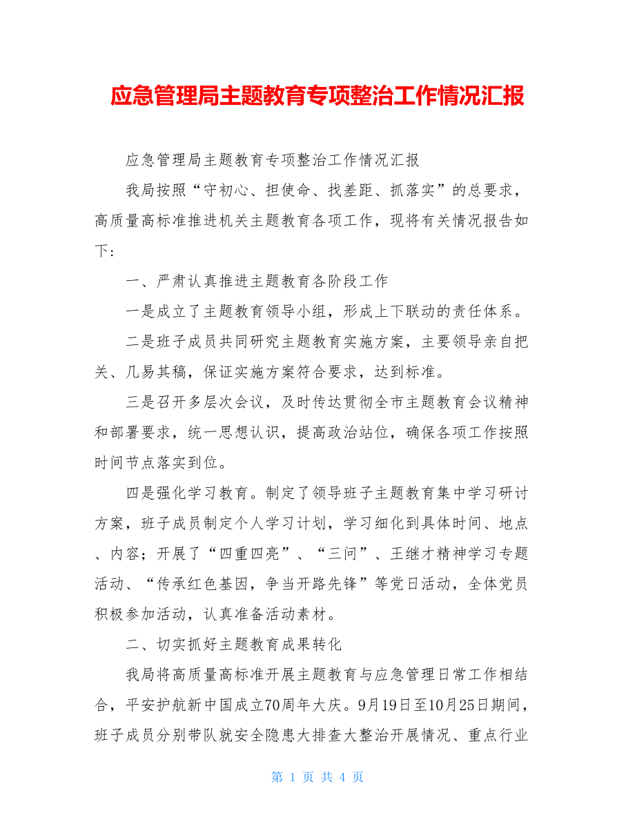 应急管理局主题教育专项整治工作情况汇报.doc_第1页