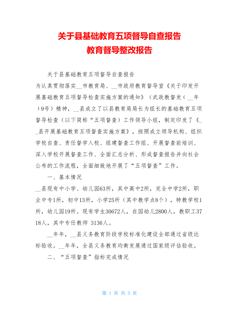 关于县基础教育五项督导自查报告教育督导整改报告.doc_第1页