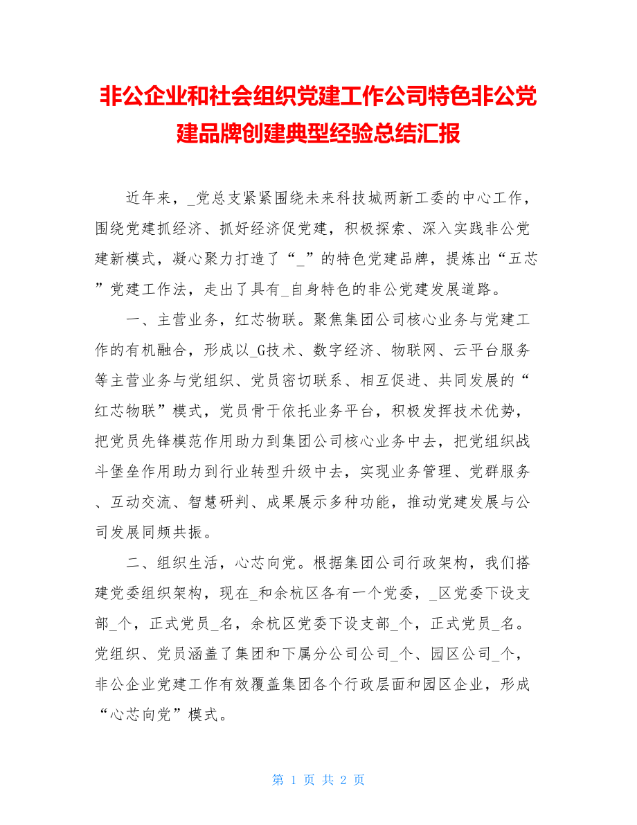 非公企业和社会组织党建工作公司特色非公党建品牌创建典型经验总结汇报.doc_第1页