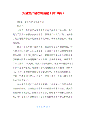 安全生产会议发言稿（共10篇）.doc