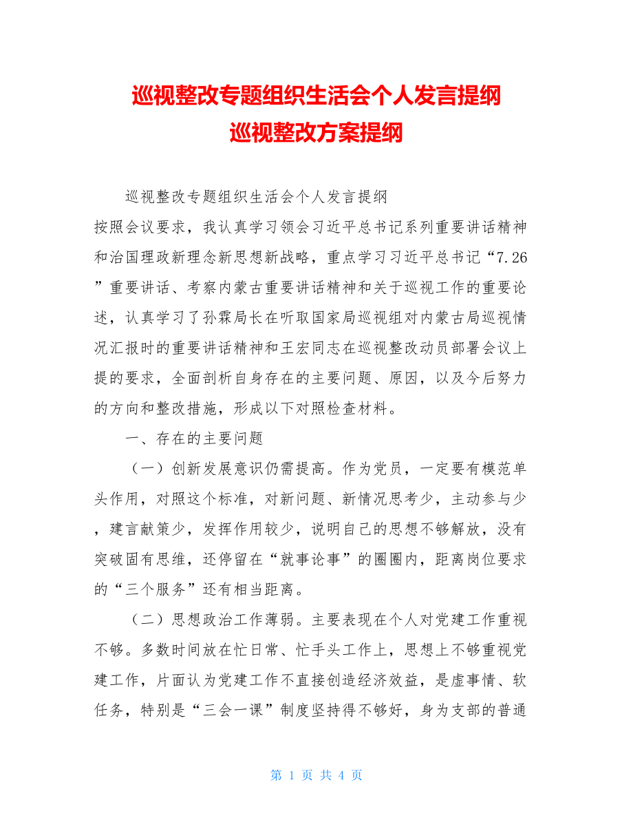 巡视整改专题组织生活会个人发言提纲巡视整改方案提纲.doc_第1页