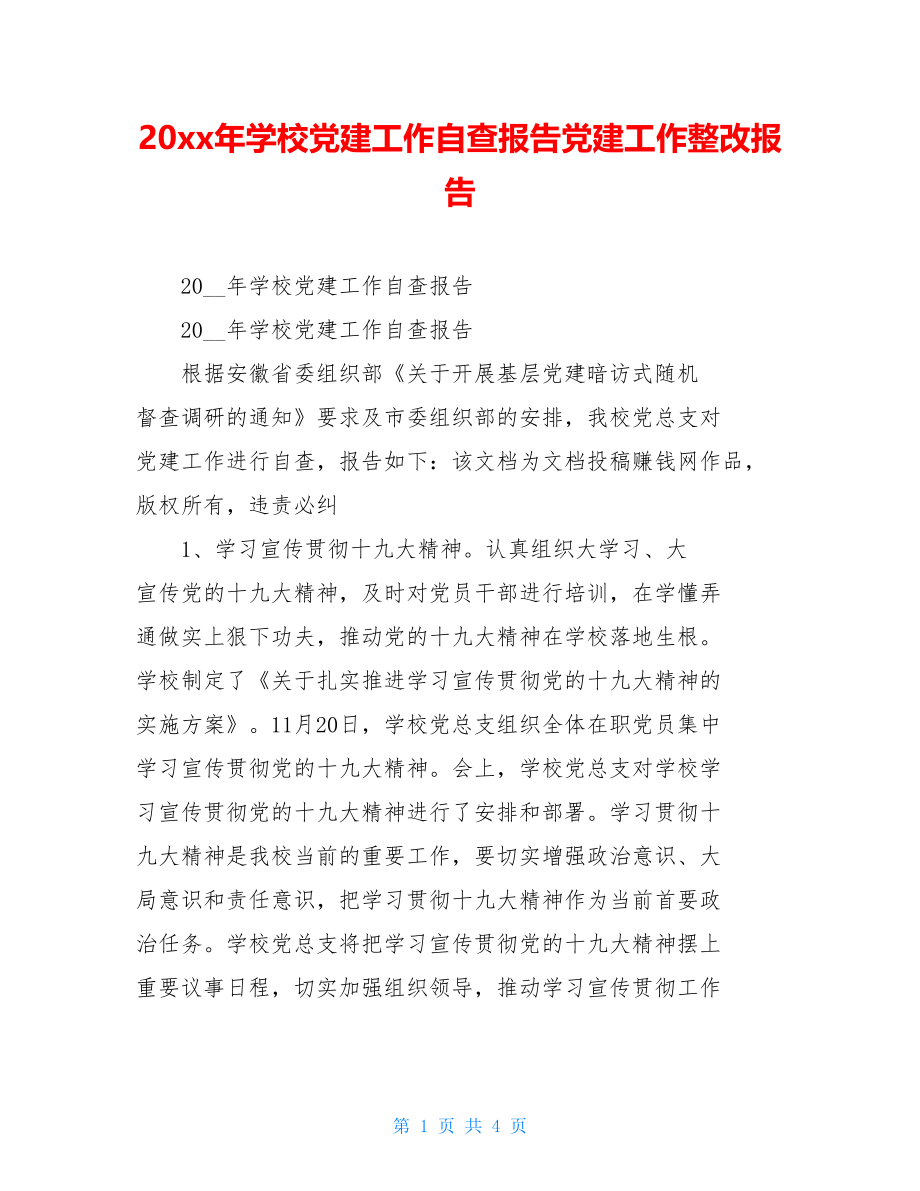 20xx年学校党建工作自查报告党建工作整改报告.doc_第1页