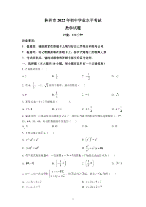 2022年湖南省株洲市中考数学试题及参考答案.docx