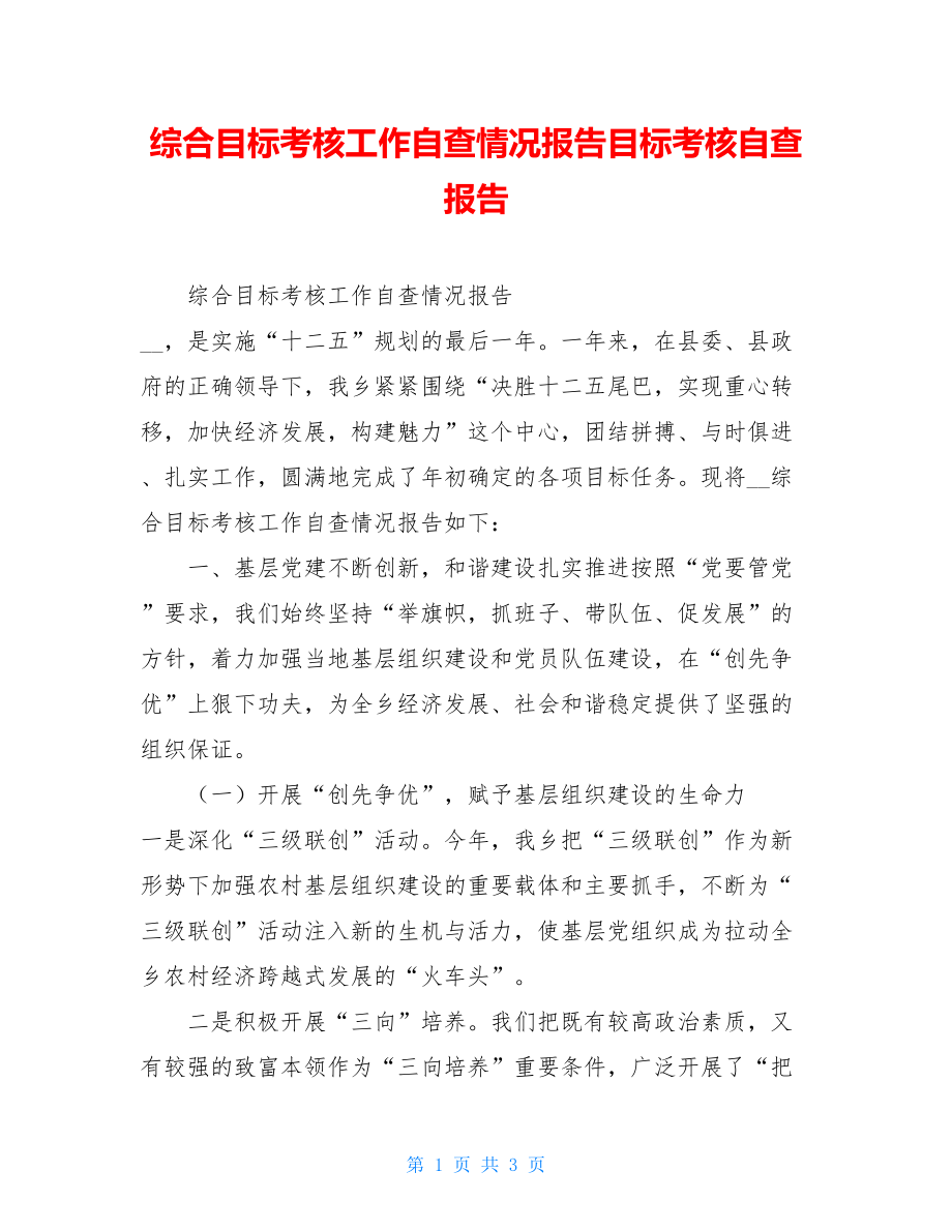 综合目标考核工作自查情况报告目标考核自查报告.doc_第1页