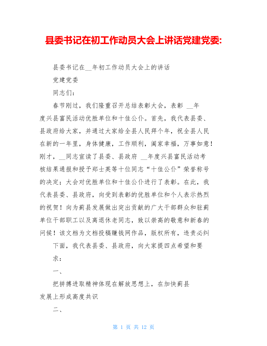 县委书记在初工作动员大会上讲话党建党委-.doc_第1页