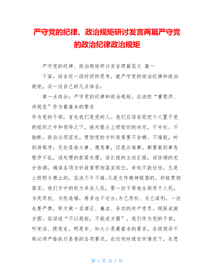 严守党的纪律、政治规矩研讨发言两篇严守党的政治纪律政治规矩.doc