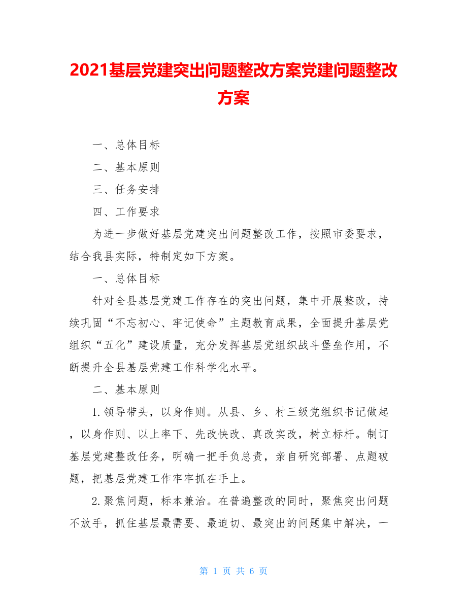 2021基层党建突出问题整改方案党建问题整改方案.doc_第1页