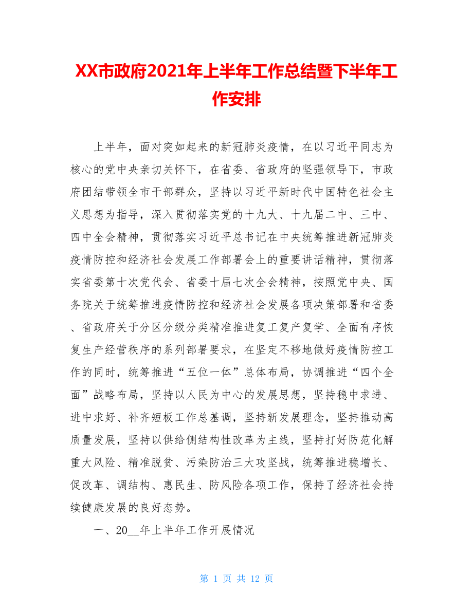 XX市政府2021年上半年工作总结暨下半年工作安排.doc_第1页