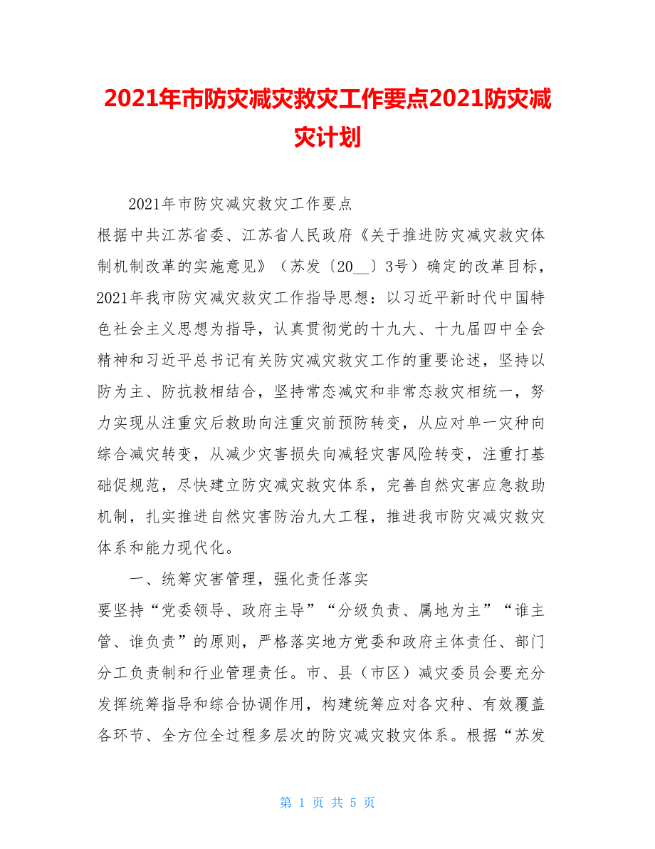 2021年市防灾减灾救灾工作要点2021防灾减灾计划.doc_第1页