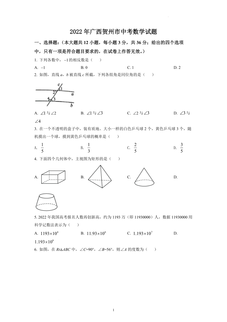 2022年广西贺州市中考数学试题及参考答案.docx_第1页