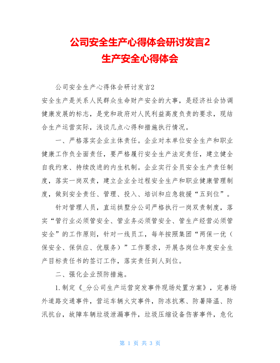 公司安全生产心得体会研讨发言2生产安全心得体会.doc_第1页