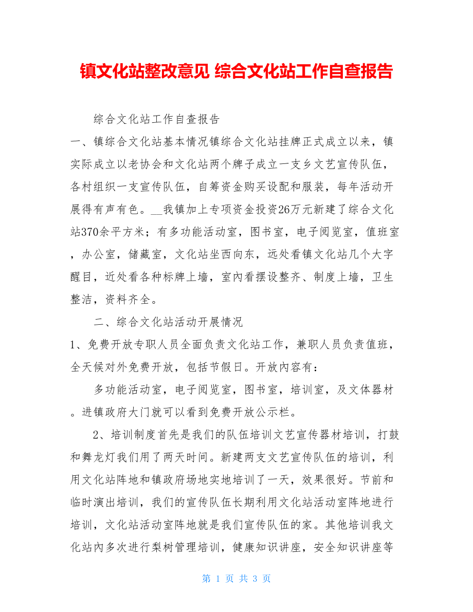 镇文化站整改意见综合文化站工作自查报告.doc_第1页