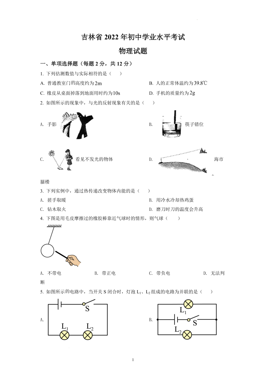 2022年吉林省中考物理试题及参考答案.docx_第1页