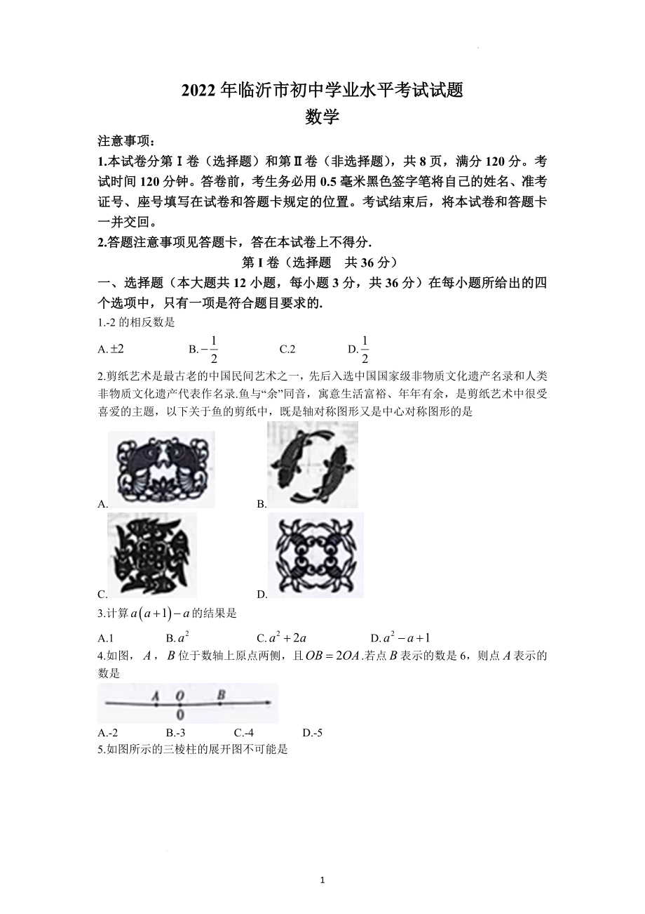 2022年山东省临沂市中考数学试题及参考答案.docx_第1页