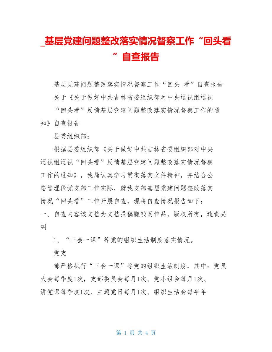 基层党建问题整改落实情况督察工作“回头看”自查报告.doc_第1页