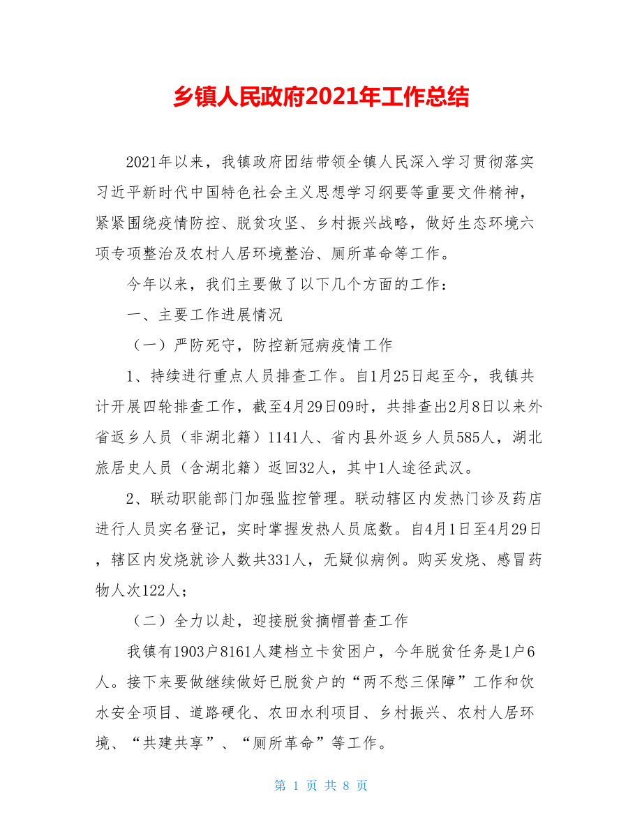 乡镇人民政府2021年工作总结.doc_第1页