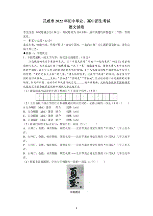 2022年甘肃省武威市中考语文试题及参考答案.docx