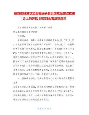 在省委脱贫攻坚巡视回头看反馈意见整改推进会上的讲话巡察回头看反馈意见.doc