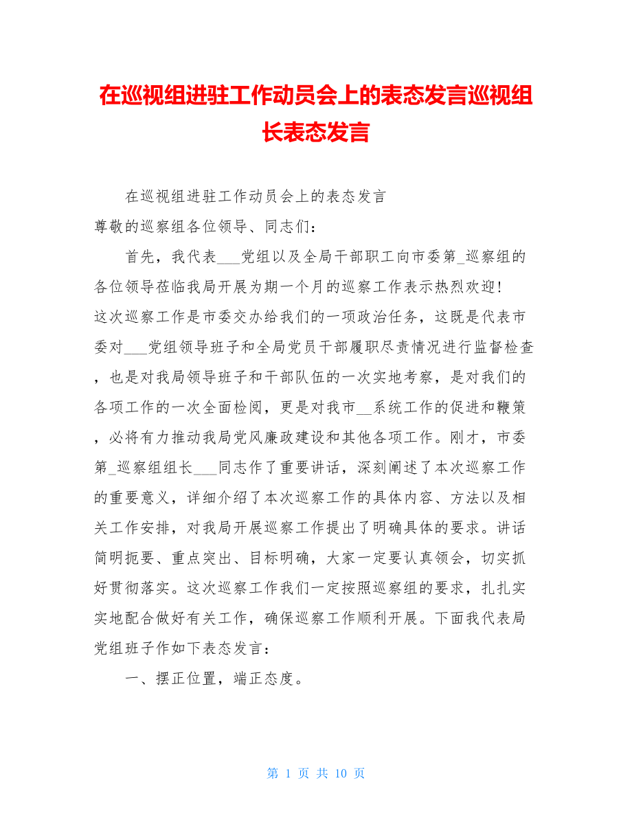 在巡视组进驻工作动员会上的表态发言巡视组长表态发言.doc_第1页