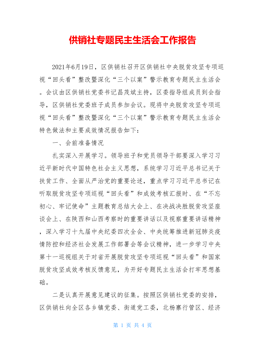 供销社专题民主生活会工作报告.doc_第1页