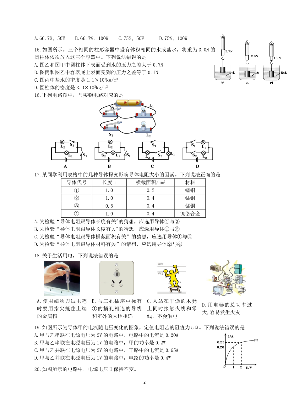 2022年湖北省武汉市中考物理试题及参考答案.docx_第2页