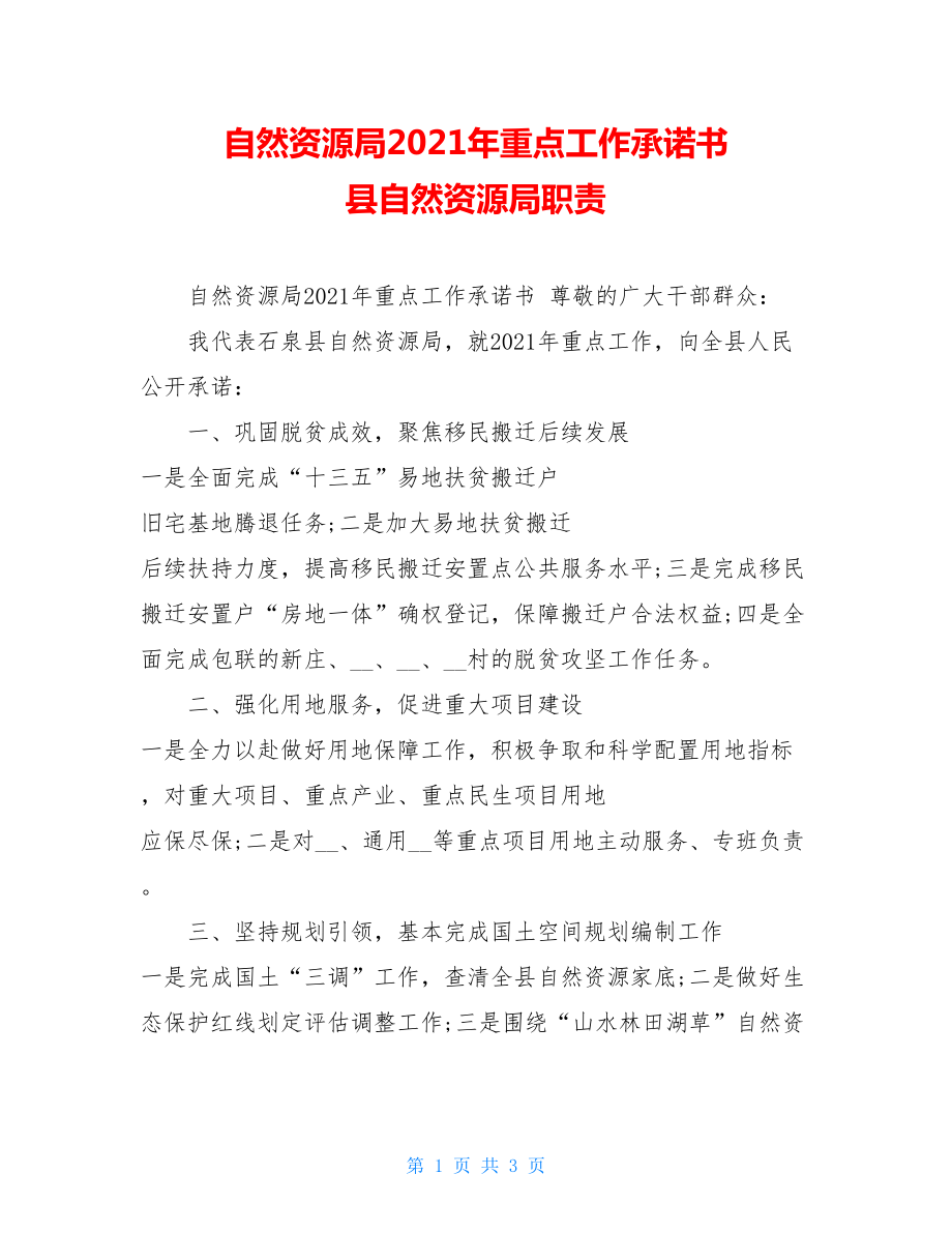 自然资源局2021年重点工作承诺书县自然资源局职责.doc_第1页