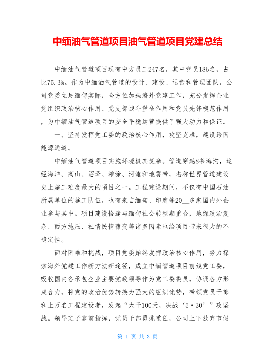 中缅油气管道项目油气管道项目党建总结.doc_第1页