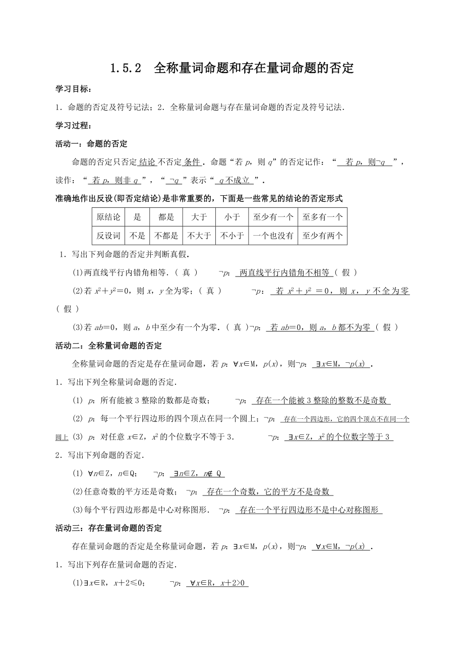 人教A版（2019）高中数学必修第一册1.5.2全称量词命题和存在量词命题的否定学案.doc_第1页