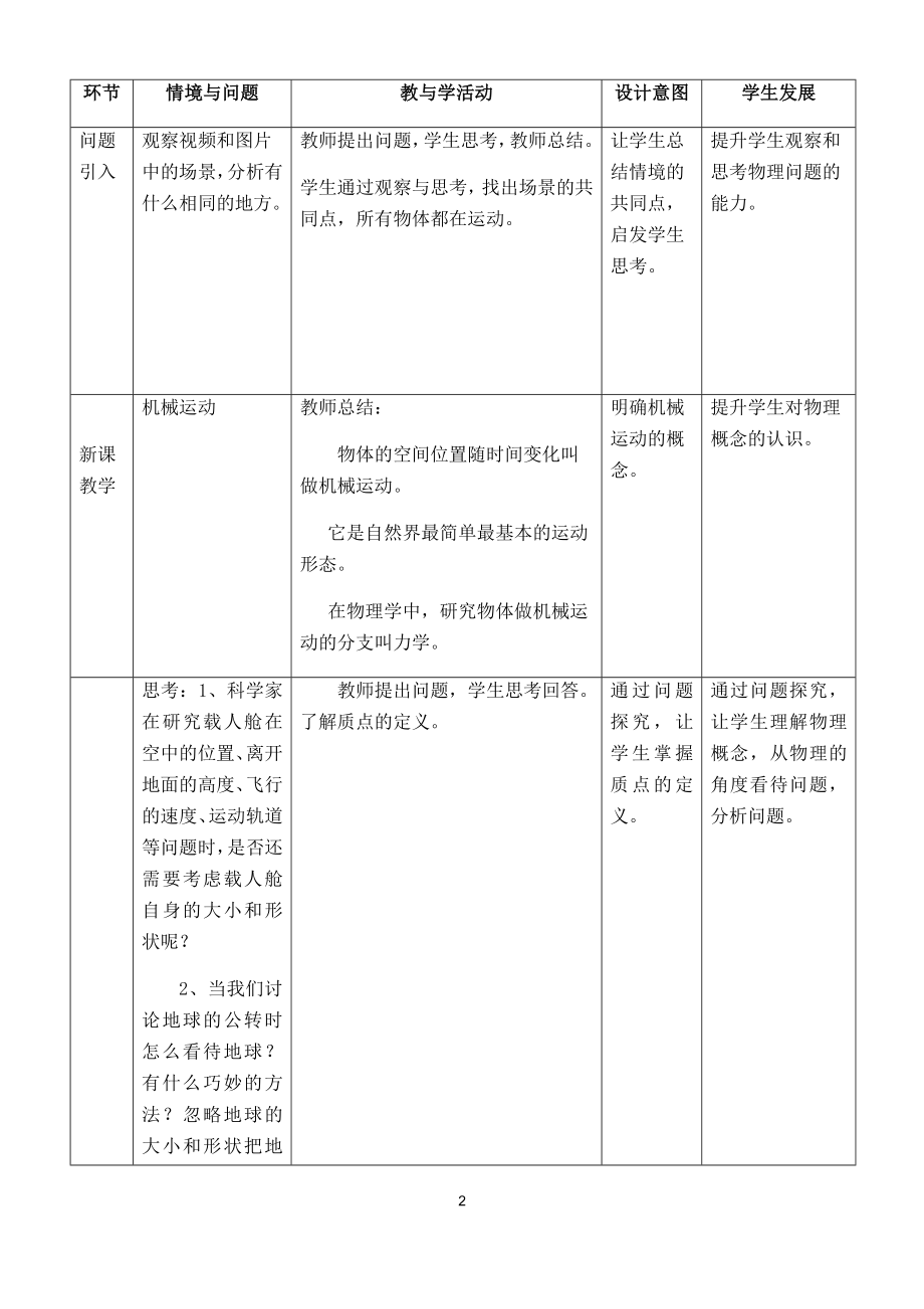 人教版（2019）高中物理必修第一册1.1质点 参考系 教学设计.docx_第2页