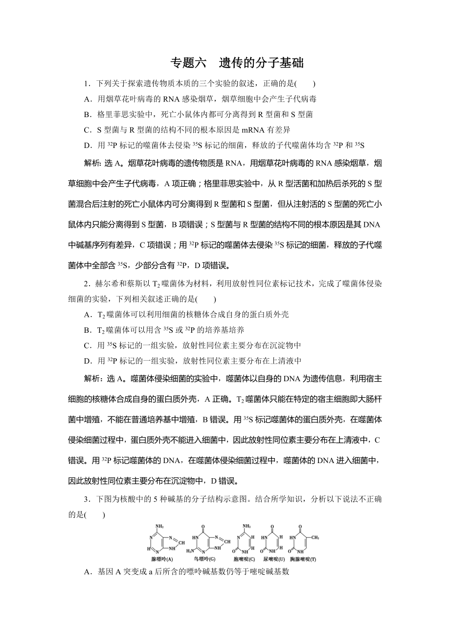 高考生物二轮复习专题六遗传的分子基础强化训练.doc_第1页