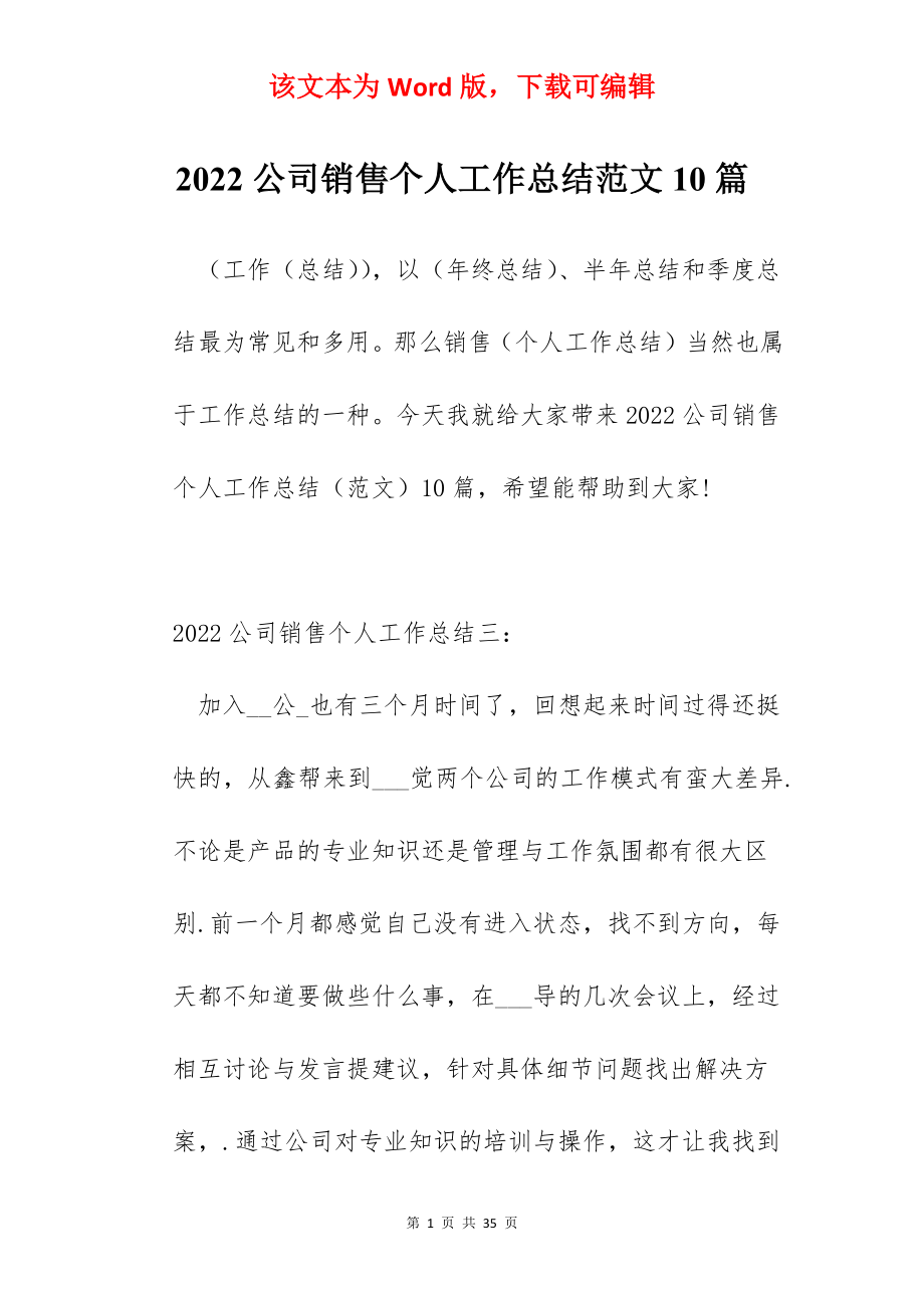 2022公司销售个人工作总结范文10篇.docx_第1页