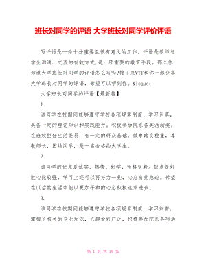 班长对同学的评语 大学班长对同学评价评语 .doc