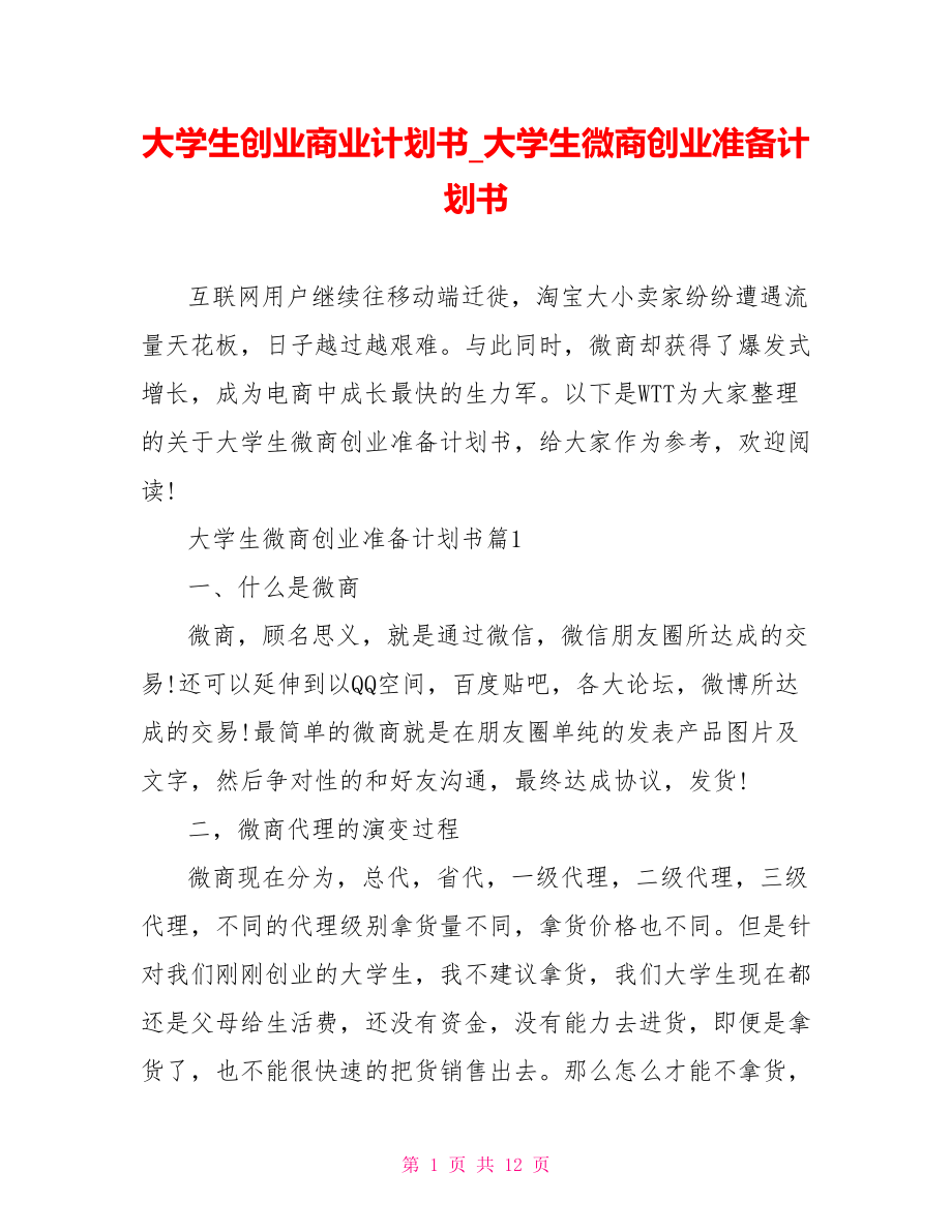 大学生创业商业计划书 大学生微商创业准备计划书.doc_第1页