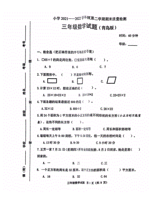 山东省潍坊市昌乐县2021-2022学年三年级下学期期末数学检测题.pdf