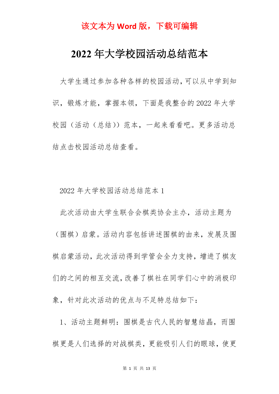 2022年大学校园活动总结范本.docx_第1页