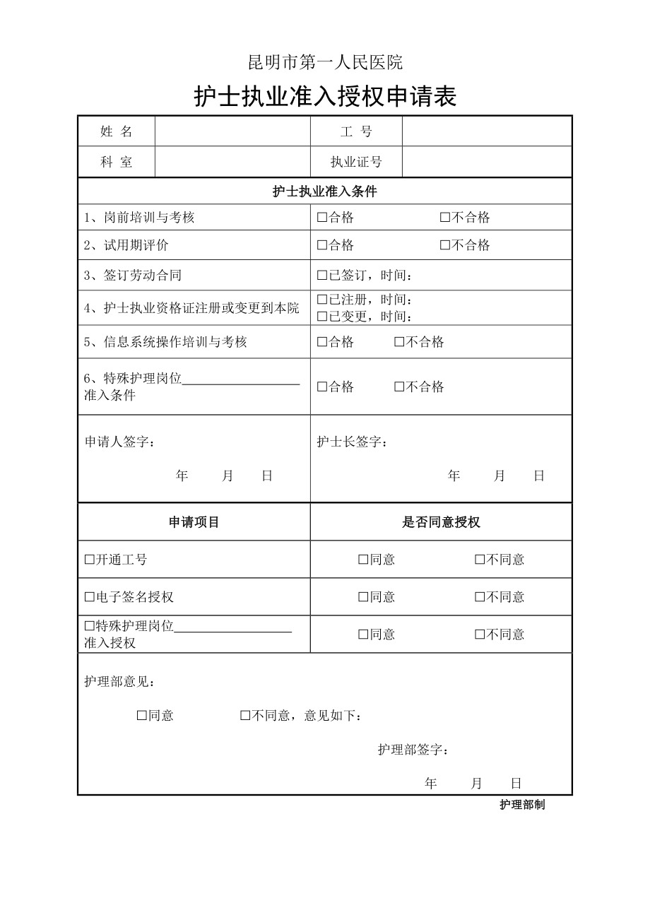 昆明市第一人民医院护士执业准入授权申请表.docx_第1页