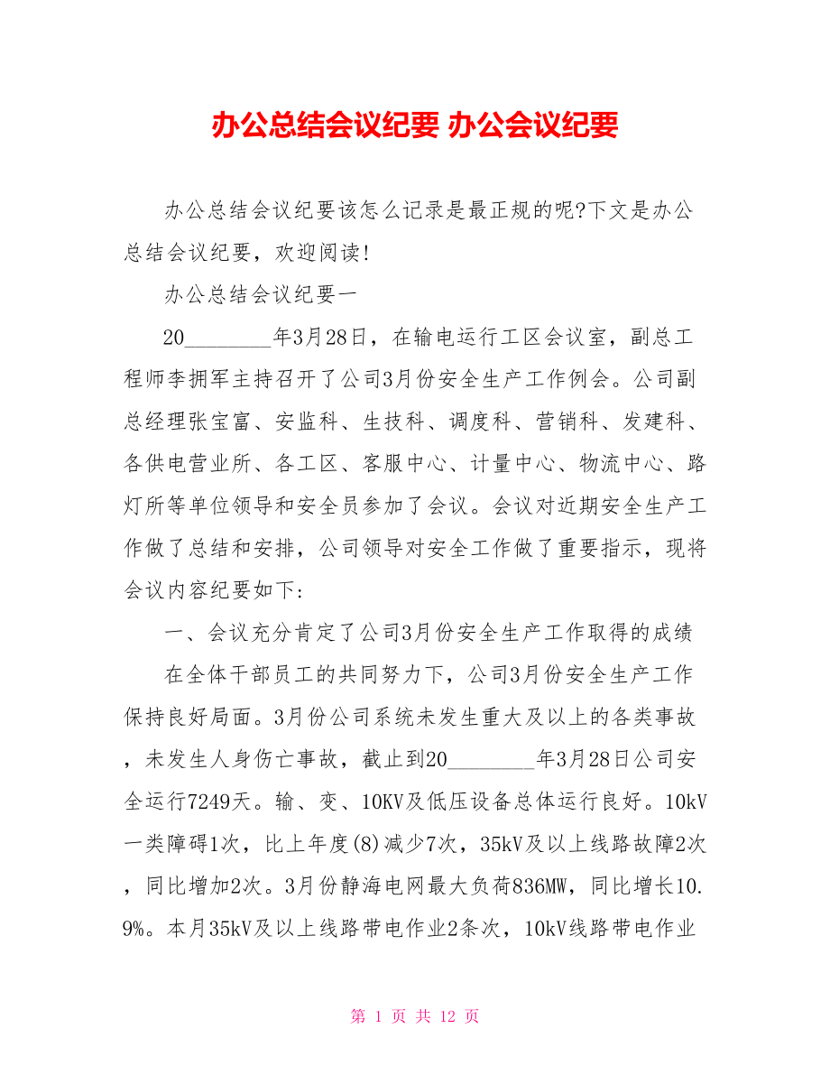 办公总结会议纪要 办公会议纪要.doc_第1页