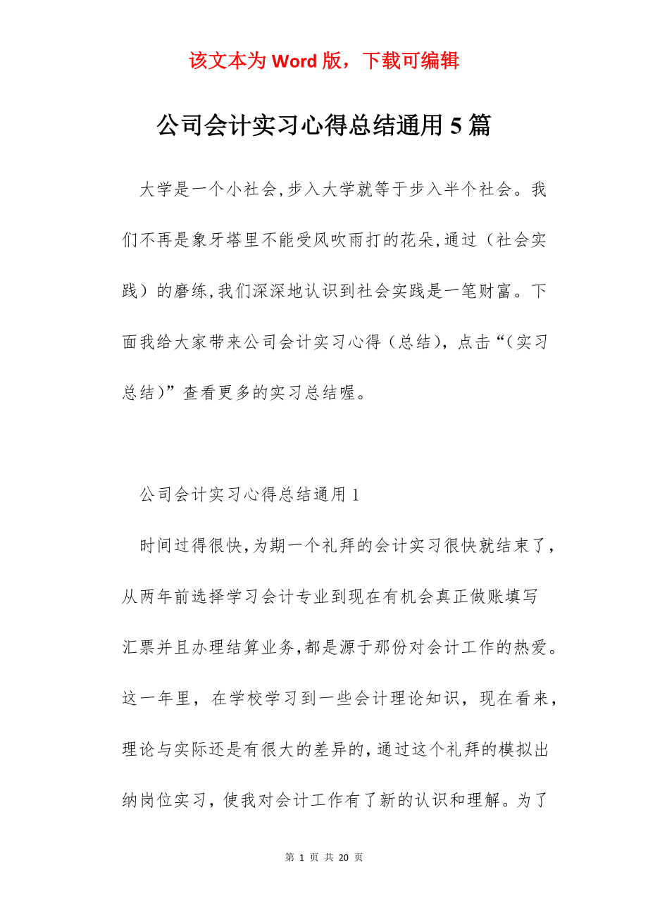 公司会计实习心得总结通用5篇.docx_第1页